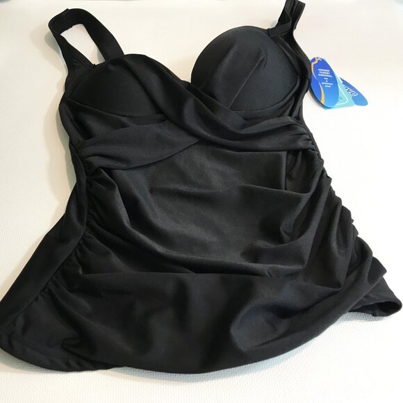 Tummy Control Ruched Side Push-Up Tankini Top Black S - Picture 9 of 11